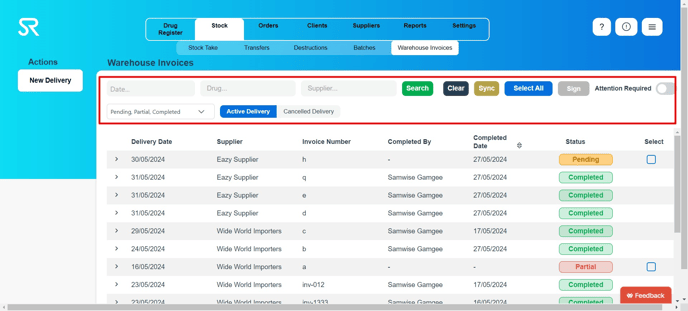 filters and controls for invoices