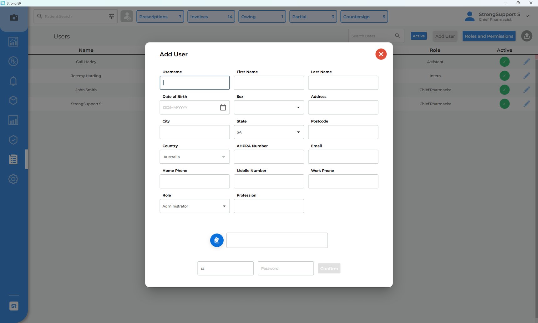 How do I add or manage users, roles and/or permissions in StrongER?